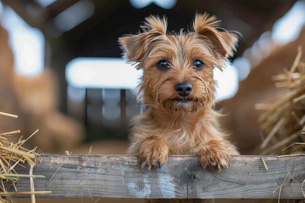 Uwielbiany szczeniak Yorkshire Terrier z błyszczącym płaszczem pochylający się nad drewnianym płotem wśród balów siana