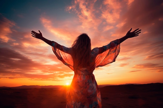 Uwielbiony letni zachód słońca Seksowna kobieta z otwartymi ramionami przyjmująca ciepło słońca