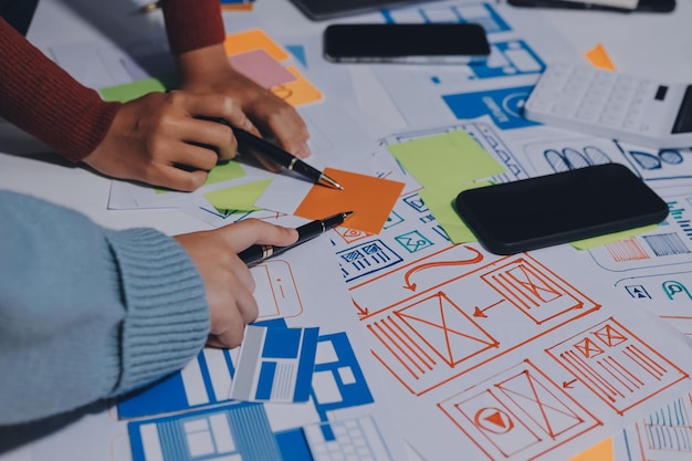 UX UI designer testing prototype on a phone discussing and brainstorming on wireframes for a website and mobile app prototype in the concept of website and mobile application design concept