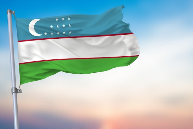 Uzbekistan Macha flagą na niebieskim niebie z symbolem narodowym oficjalnym emblematem