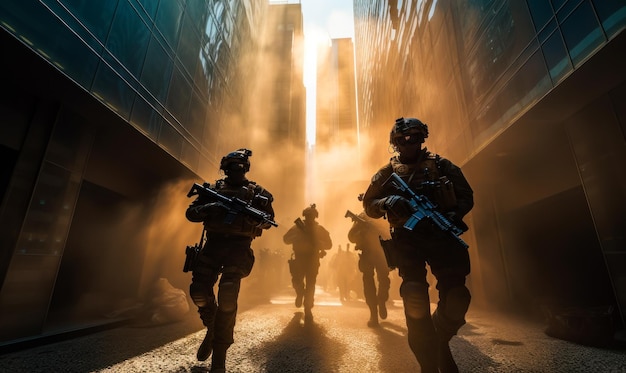 Uzbrojeni żołnierze w sprzęcie wojskowym idący ulicą miasta Koncepcja walki z wojną i terroryzmem Generative AI