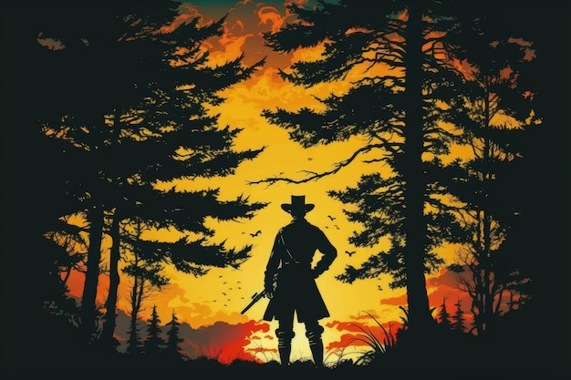 Uzbrojony mężczyzna stojący na wysokim drzewie o zachodzie słońca Koncepcja fantasy Malarstwo ilustracyjne Generatywna sztuczna inteligencja