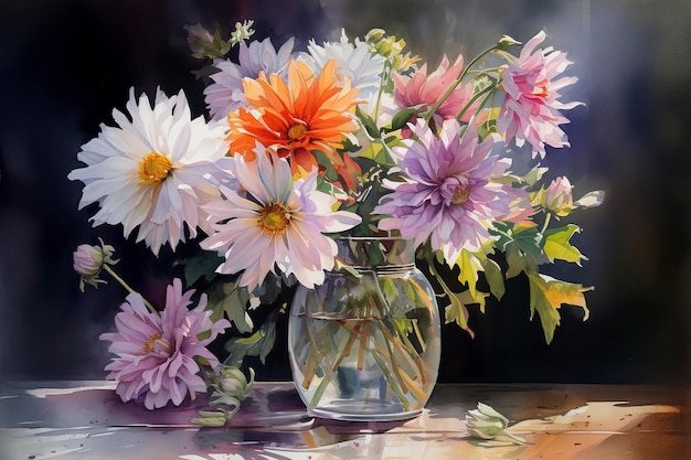 Użyj akwareli, aby stworzyć kwiatową martwą naturę, układając różne kwiaty w wazonie lub na stole i uwieczniając ich piękno na szczegółowym i realistycznym obrazie.