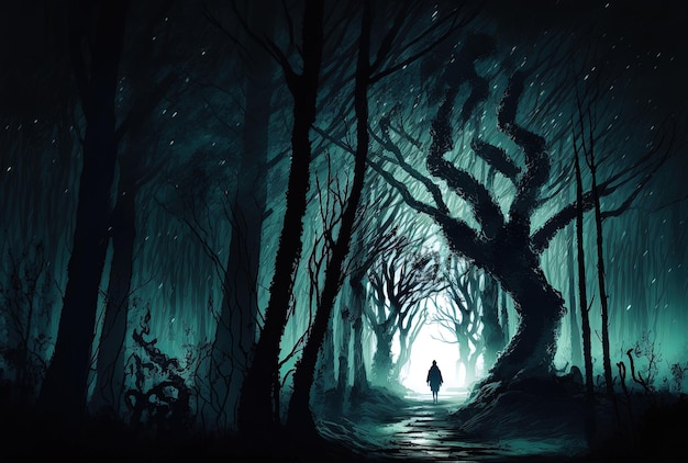 Użyj cyfrowych metod rozmycia farby, aby przedstawić nawiedzony las w ciemną noc