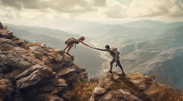 Zdjęcie uzyskanie pomocnej dłoni z dwiema osobami uzdrawiającymi się nawzajem, aby wspiąć się na szczyt góry