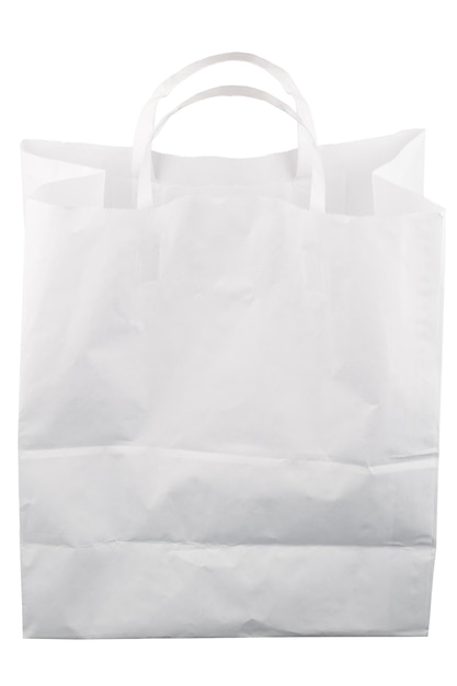 Używana biała papierowa torba z uchwytami na białym tle