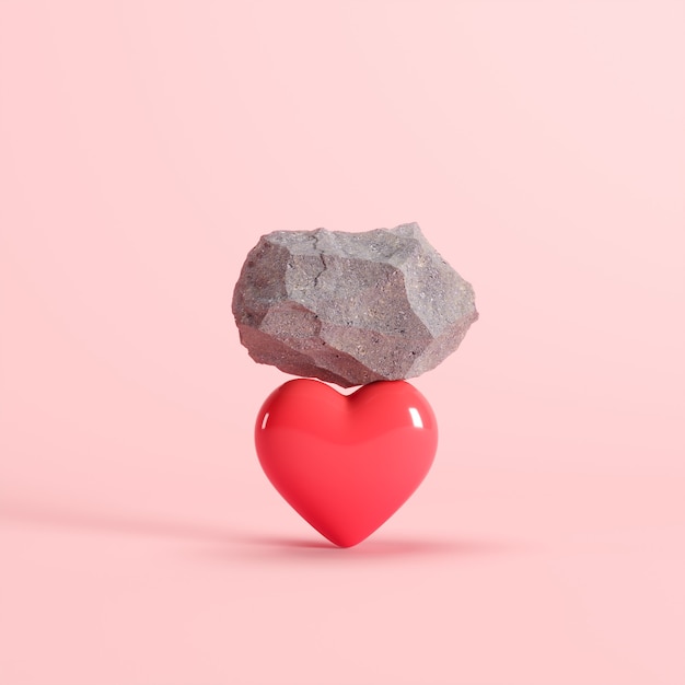 Valentine Concept Rock Umieścić Kształt Red Heart Na Różowym Tle. Renderowanie 3d. Minimalna Koncepcja Valentine.