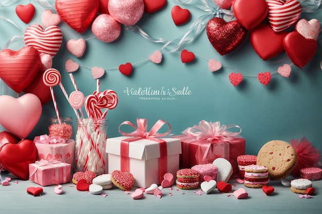 Valentines Day sale background with heart lollipopcookies streamersgift boxmarshmallow and garland Modern designUniversal vector background for poster banners flyers cardadvertising brochure