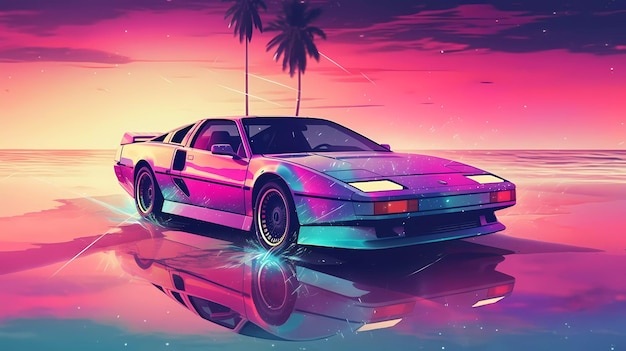 Vaporwave super retro samochód cyfrowa grafika