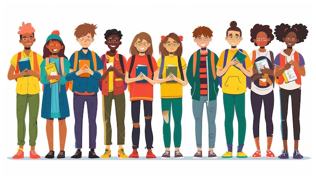 Zdjęcie various young multicultural characters with backpacks holding books and smartphones stand in a row linear flat modern illustration of happy diverse teenager characters wearing casual clothing