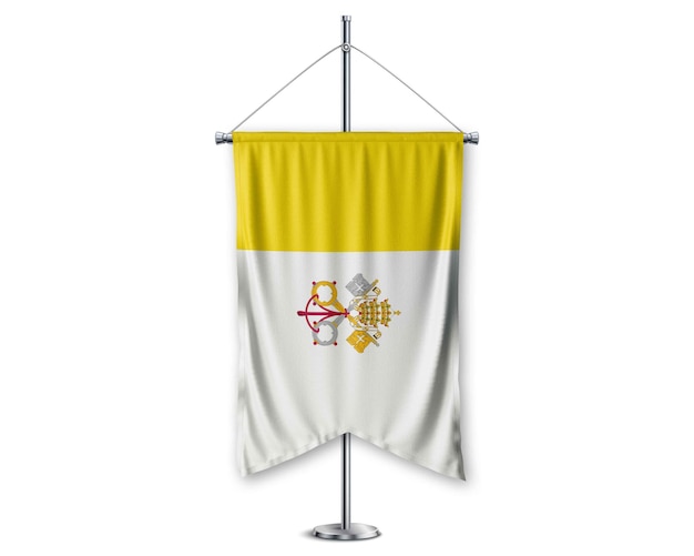 Zdjęcie vatican_city_holy_see_up flagi 3d na stojaku słupowym podtrzymują cokół realistyczny zestaw i białe tło