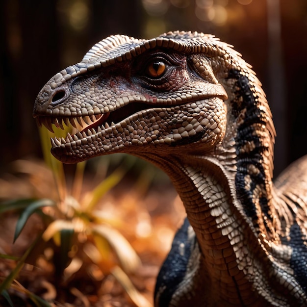 Velociraptor: przedhistoryczne zwierzę dinozaur dzikiej przyrody Fotografia przedhistorycznego zwierzęcia dinozaura dzikie zwierzę p