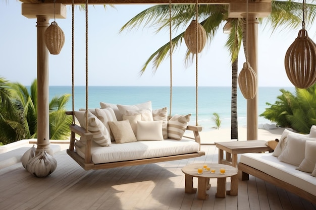 Veranda luksusowego domu przy plaży z wiszącą huśtawką generatywną AI