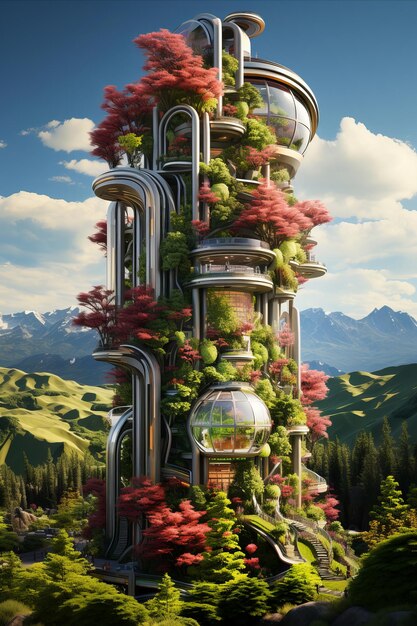 Vertical Farming Tower Pionowa wieża rolnicza z rzędami upraw rosnącymi w układzie ułożonym