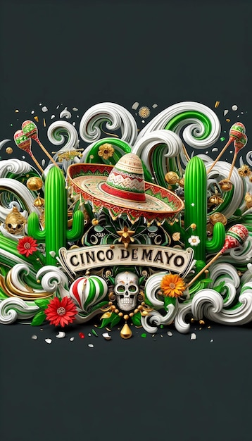 Vibrant Cinco de Mayo 3D Barokowe meksykańskie Sombrero Czaszki Świętowe