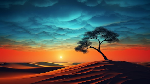 Vibrant HD PhotoRealistic Dune Landscape z sylwetkowym drzewem