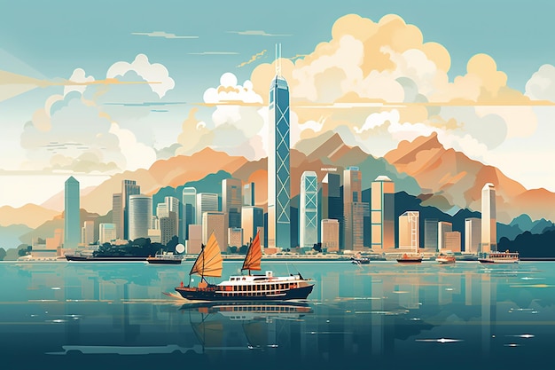 Vibrant Pulse Abstract Hong Kong w Harbour Blue Skyscraper Silver i Dim Sum Gold