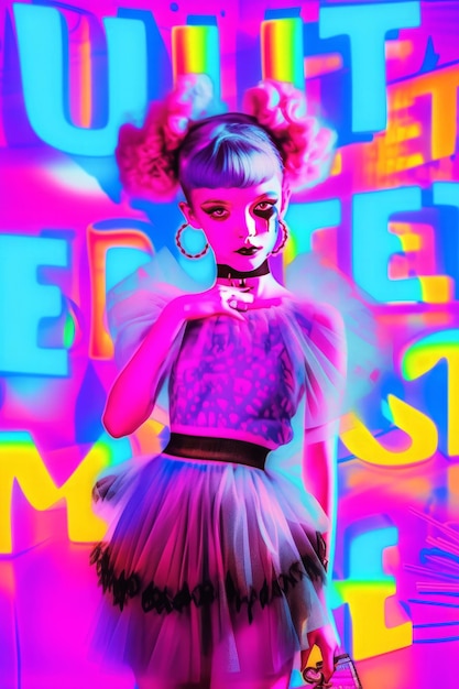 Vibrant Visual Bright Neon Little Miss Muffet Fashion z napisem "Get Candy"