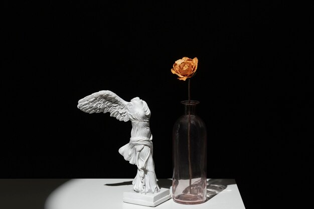 Zdjęcie victoria samothracia helena z wazonem i suszonym kwiatem na białej półce