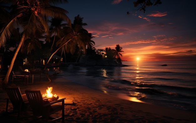 Villa przy plaży z relaksującymi drewnianymi krzesłami i pięknym zachodem słońca