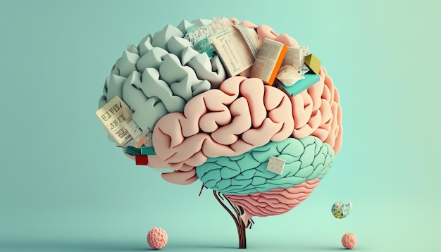 Vintage 3d mózg uczenia się z książkami na niebieskim tle Generatywna ilustracja AI