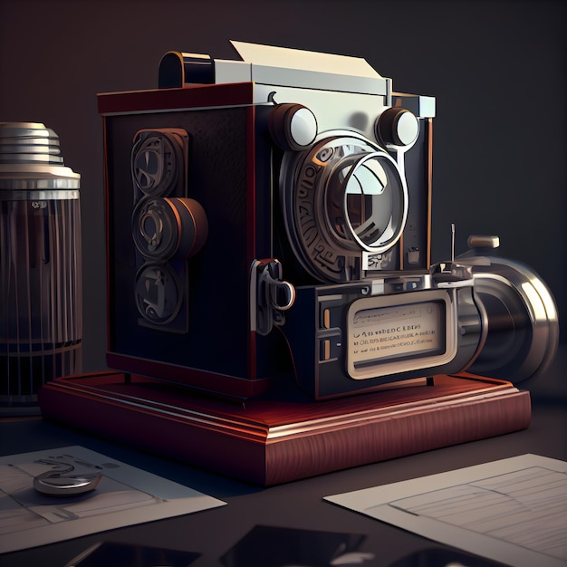 Vintage aparat na drewnianym stole ilustracja renderowania 3d