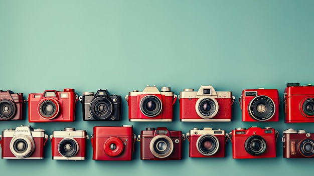 Vintage aparaty fotograficzne na turkusowym tle