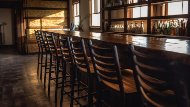 Vintage bar wnętrze z rzędem drewnianych stołów barowych i stołów Generative AI AIG27