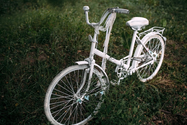 Vintage biały rower na zielonej trawie