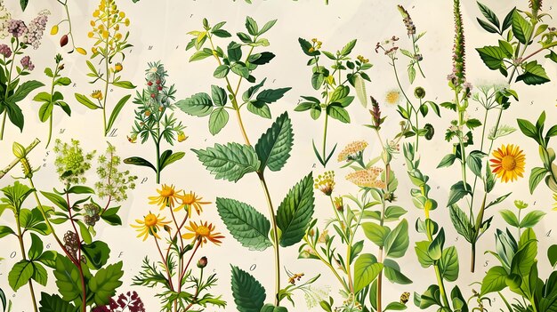 Zdjęcie vintage botanical of medicinal herbs and wildflowers with scientific names (botanika roślin leczniczych i dzikich kwiatów o nazwach naukowych)