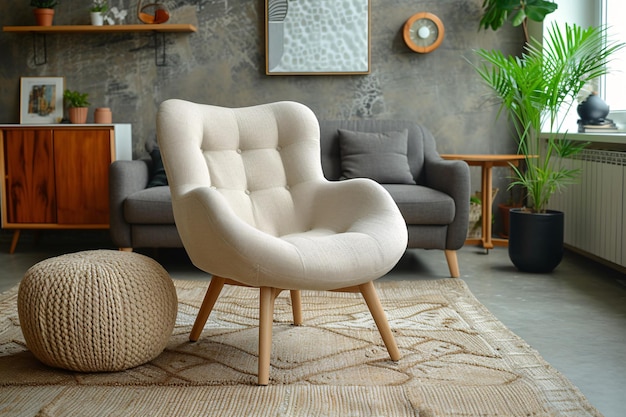 Vintage brązowy fotel i ottoman na wygodnym dywanie w nowoczesnej przestrzeni salonowej z szarą kanapą i klasycznymi meblami