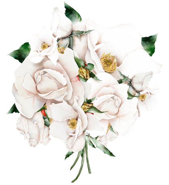 Vintage bukiet kolaż ilustracji akwarela duże białe róże