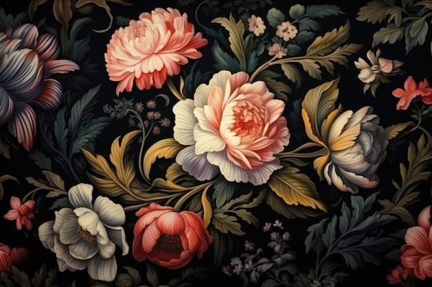 Vintage bukiet pięknych kwiatów na czarnym tle Staromodny urok w stylu barokowym Idealny do tapet lub kartek okolicznościowych Wygenerowane przez AI