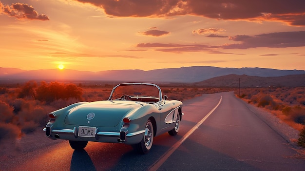 Vintage Cabriolet na Desert Road przy Sunset Generative AI