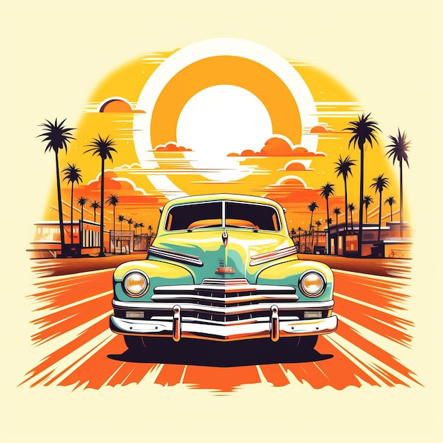 Vintage car sunset with palm trees Woodcut inspired graphics