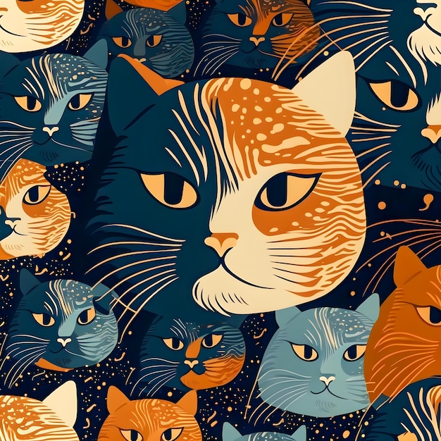 Vintage Cat wzór rysowane ilustracja pastelowe kolory