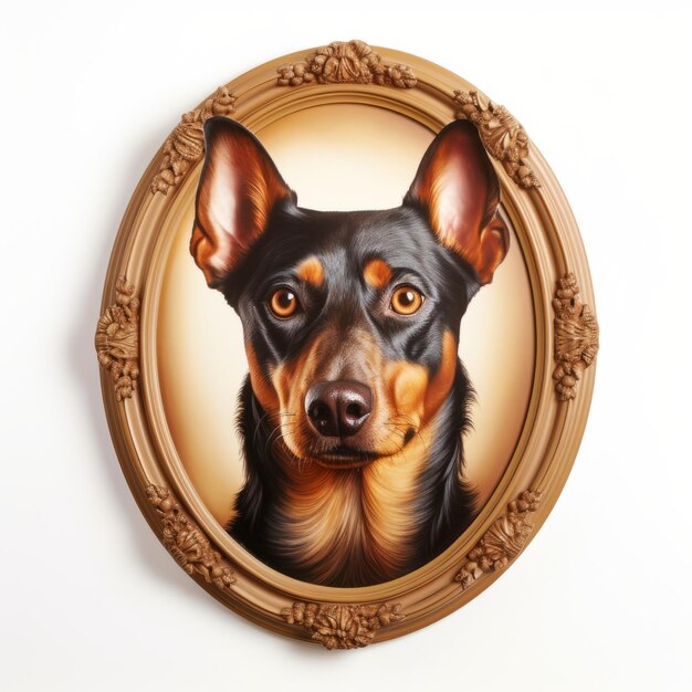 Zdjęcie vintage charm 80s airbrushed doberman portrait uchwycony w owalnej ramie na czystym białym tle