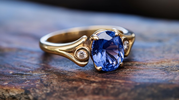 Vintage Charm Blue Sapphire z złotym pierścieniem