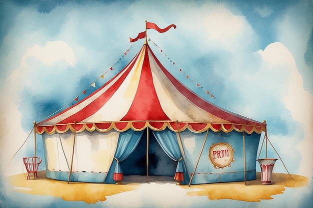 Zdjęcie vintage circus delight akwarel tekstura w namiocie cyrkowym czerwony vintage poster niebieski popcorn żółty