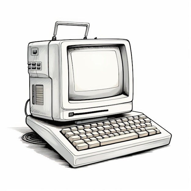 Vintage Computer Cartoon Realism Rysowanie w białym na białym