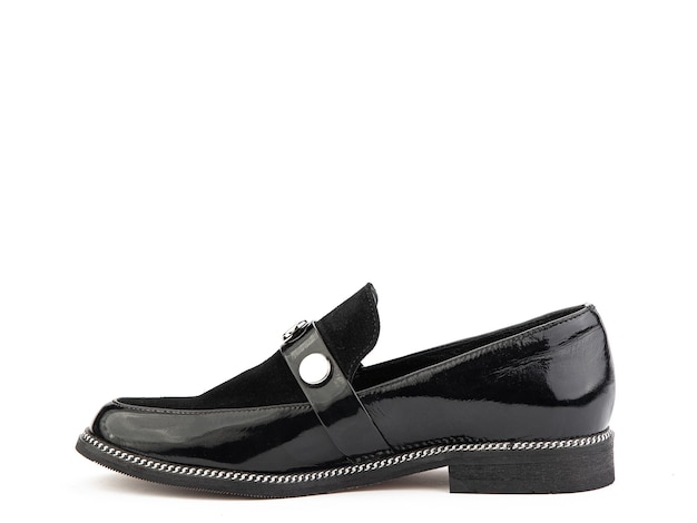 Vintage damskie mokasyny buty zbliżenie strzał reklamowy skórzane czarne buty