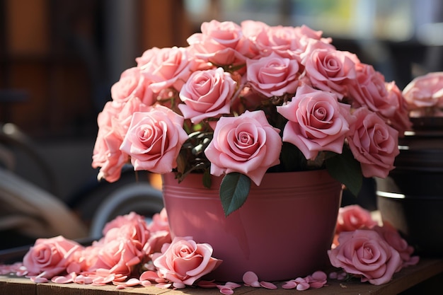 Vintage filtrowane martwa natura różowy bukiet róż w garnku na stole