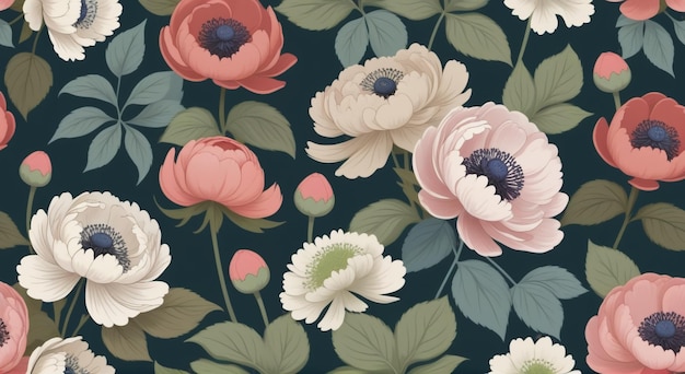 Vintage Floral Harmony Bezszwy graficzny wzór z piwonami, hortensjami, anemonami i liśćmi