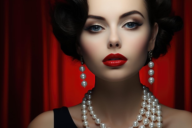 Vintage Glamour czerwone usta i perły