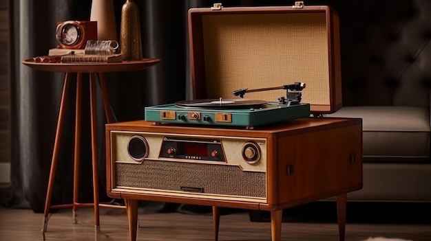 Vintage gramofon na stole inspirowanym stylem retro, wygenerowanym przez sztuczną inteligencję