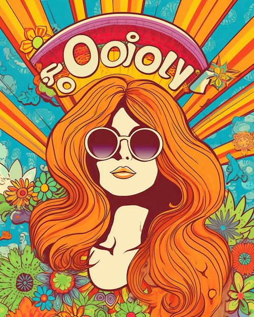 Vintage hippie ilustracyjna twarz kobiety z okularami przeciwsłonecznymi Generative AI z lat 70