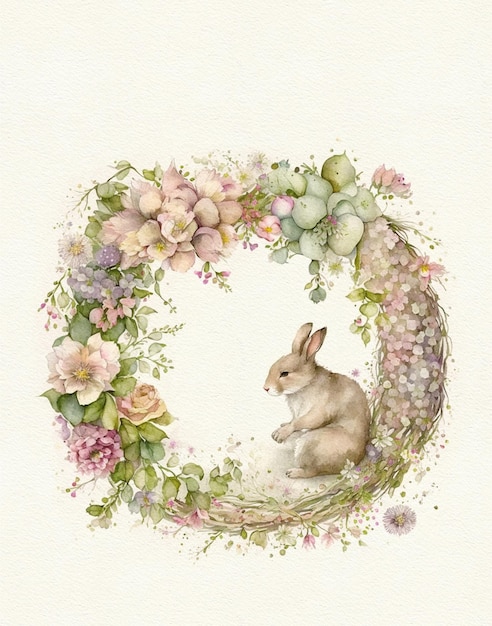 Vintage ilustracja królik w wieniec kwiatów wieniec kwiatowy