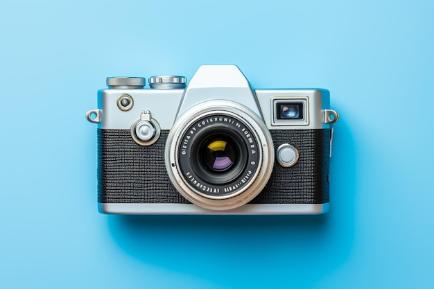 Vintage kamera filmowa na niebieskim tle Widok z góry z miejsca na kopię