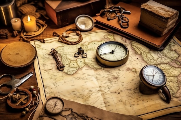 Zdjęcie vintage kompas lub sprzęt do odkrywania na starej mapie świata dla koncepcji szczęśliwego dnia kolumba starożytna mapa