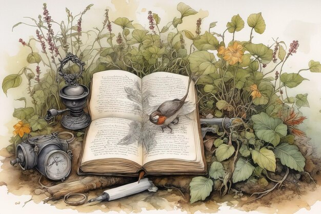 vintage martwa natura z ptakiem i książką